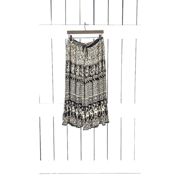 Vintage black beige floral Indian print boho crinkle gauzy stretch waist skirt - Picture 1 of 5